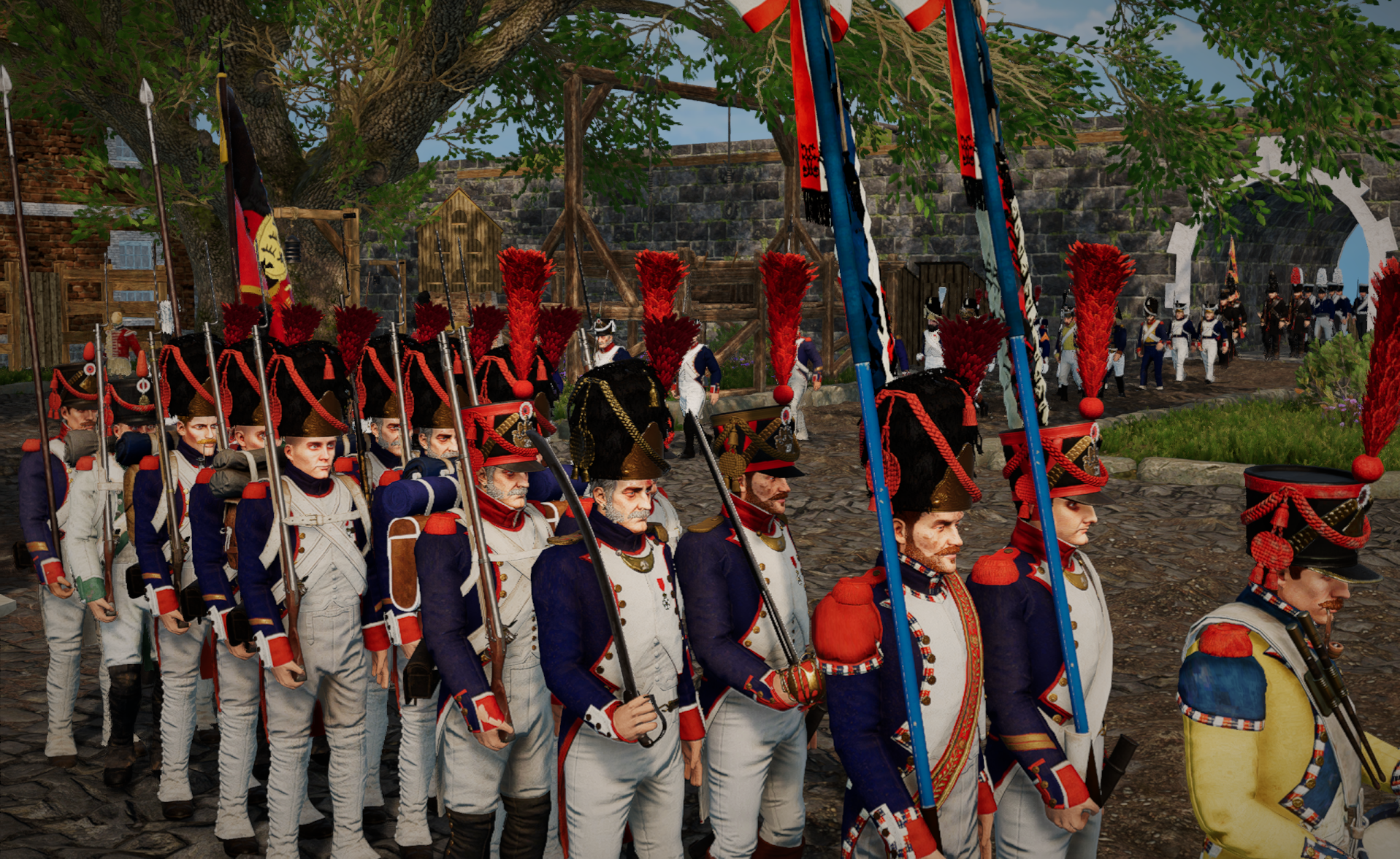 Colonne du 82GRP en marche, drapeaux déployés